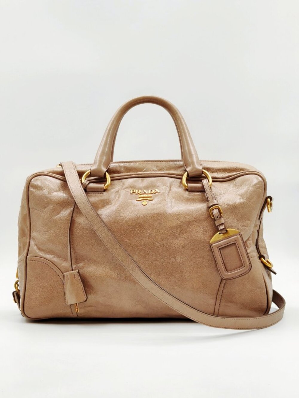 Prada Vitello Shine Beige Leather Satchel Handbag Boston Bag Gold Hardware